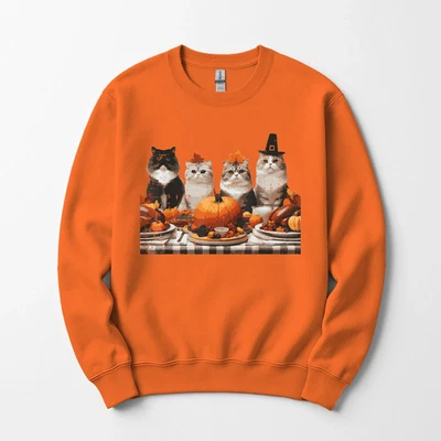 Thanksgiving Cats Dinner Feast Vintage Fall Men Women Sweatshirt - Изображение 1 из 4