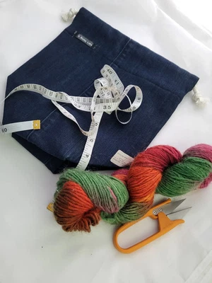 Jean Drawstring Project Bag, project bag,  Storage bag, bag for knitters - Image 1 of 4