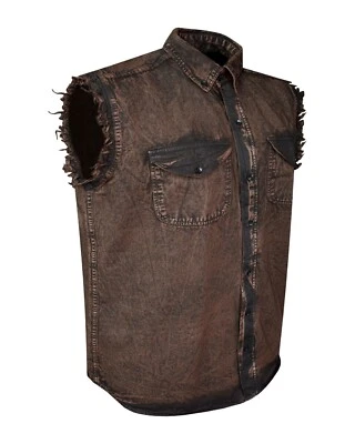 Men's Stonewashed Chocolate Brown Sleeveless Cotton Shirt Summer Biker Riding - Image 1 of 4
