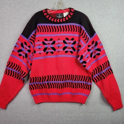 Suéter abstrato vintage Demetre masculino tamanho G vermelho preto roxo pulôver mistura de lã - Imagem 1 de 4