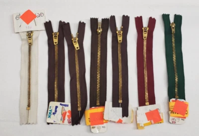 Lot of 7 Vintage YKK 5 inch Brass/Metal Zippers Cream, Brown, Burgandy, Green - Image 1 of 4