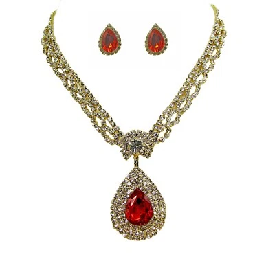 Elegant Red Crystal Royalty Tear Drop Necklace and Earring Set - NEW - Изображение 1 из 4