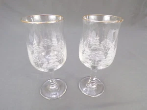 Pair Vintage Hand Blown Crystal Etch Wine Glass Goblet 12oz Gold Rim 7" Tall K22 - Picture 1 of 5