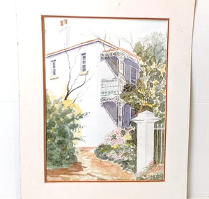 Watercolor Painting White House Garden Path Floral Original Architectural Art - Picture 1 of 9