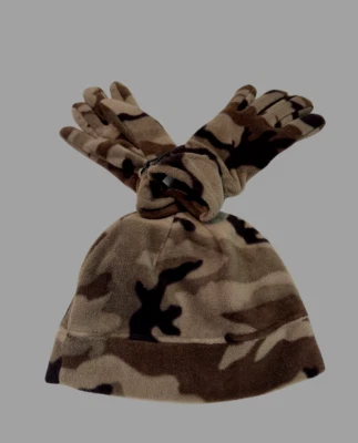 Conjunto de sombrero y guantes camuflados Athletech para niños L/XL (8-16) verde marrón 2 piezas polar Foto 1 de 4