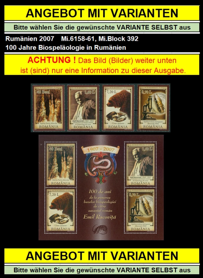 Rumänien 2007 Biospeläologie,Racovita,Höhlenbär,Höhlen Mi.6158-61,Block 392 — 第 1/1 张图片