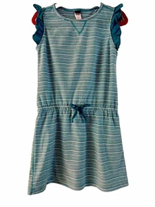 Tea Collection Beach Coverup Dress Girls Sz 7 Aqua Blue Stripped Ruffle Sleeves - Picture 1 of 15