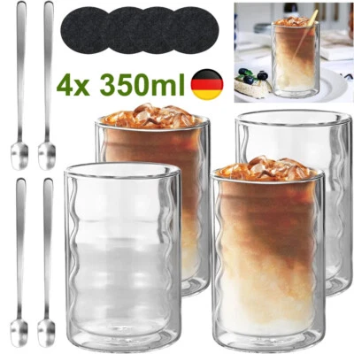4Set Doppelwandige Thermo Gläser 350ml mit löffeln Latte Macchiato Kaffee Tee - Bild 1 von 4