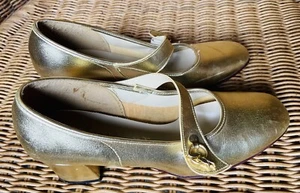 1950s 1960s Vtg Gold Mary Jane Block Heel Shoes Twee Girl Leather Shiny - Picture 1 of 11