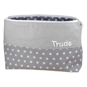 Kulturbeutel Sterne 21x16cm grau mit Namen Kinder Waschtasche Kosmetikbeutel - Bild 1 von 4