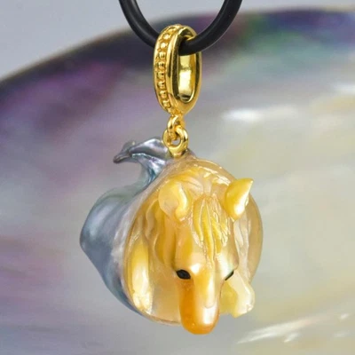Carved Mother-of-Pearl South Sea Pearl Horse Pendant Vermeil Sterling 6.29g - Image 1 of 4