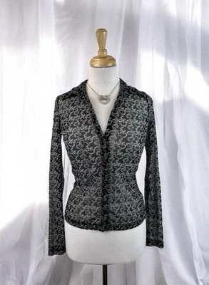 Top Negro Malla Transparente Abotonada Capricho Gótico Hada Boho Romántico Y2K Talla S Foto 1 de 4