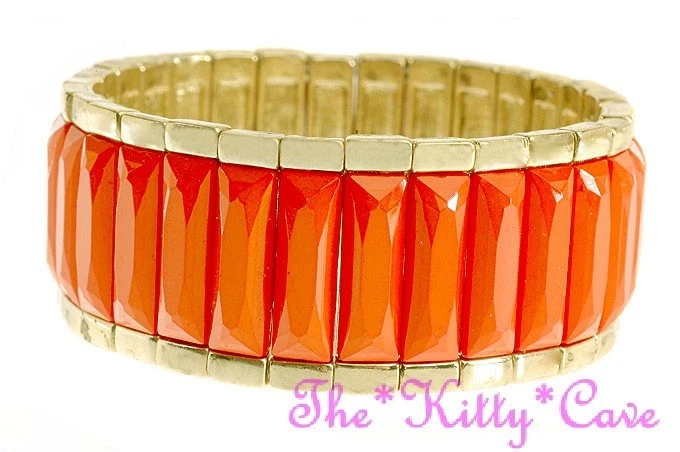 Bright Orange Chic Gold Geometric Bars Feature Statement Stretchy Bracelet Cuff - Image 1 of 1