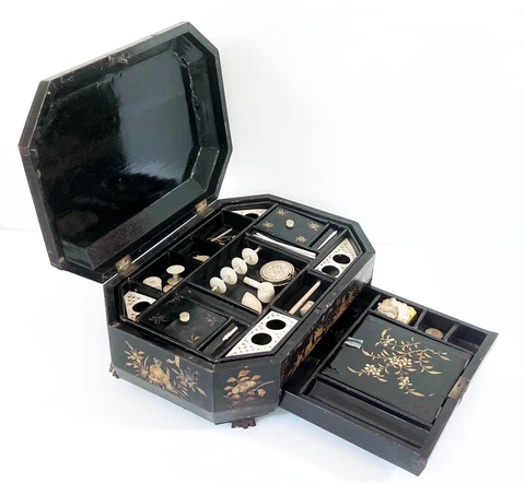 Antique 19th C Papier Mache & Gold Gilt Sewing Box w/Original Sewing Items Cover