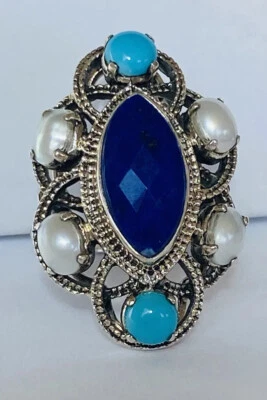 ANILLO NICKY MAYORDOMO PLATA ESTERLINA MABE PERLA LAPISLÁZULI TURQUESA RACIMO TALLA 8 Foto 1 de 4