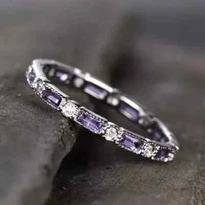2.10Ct Baguette Cut Lab Created Amethyst Wedding Band Ring 14K White Gold Plated - Image 1 of 4