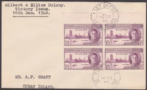 GILBERT & ELLICE IS 1946 Victory 1d block FDC - Ocean Island cds............Q249 - Picture 1 of 1