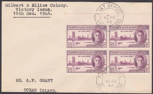 GILBERT & ELLICE IS 1946 Victory 1d block FDC - Ocean Island cds............Q249 - Image 1 of 1