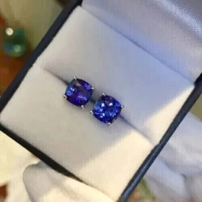 2Ct Cushion Cut Lab Created Blue Sapphire Stud Earrings 14K White Gold Finish - Image 1 of 4