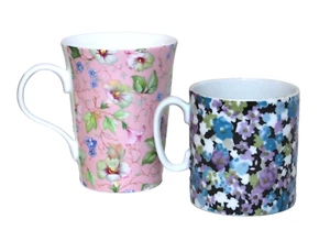 Crown Trent & Norleans Porcelain Coffee Mugs Tea Cups Pink Purple Flowers Set 2 - Picture 1 of 7