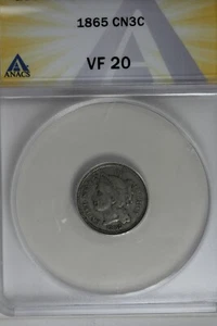 1865 .03 ANACS VF 20 Three Cent Nickel, Liberty Three Cent Piece - Picture 1 of 2