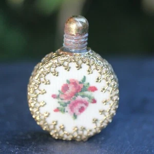 petit flacon de parfum aux roses brodées 1930 Gobelin antike Flasche mit Gold - Bild 1 von 4