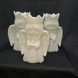 Retro Christmas White Bisque 6 Angel Votive Candle Holders w Crown Set of 3  - Picture 1 of 17
