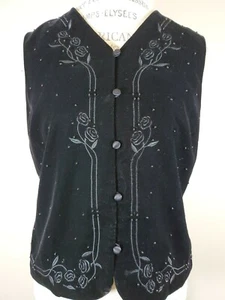 Talbots Womams Velvet Vest Size 10 Petite Black Beaded Fully Lined Floral - Picture 1 of 8