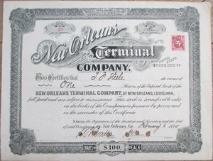 New Orleans Terminal Co. 1915 LA Railroad Stock Certificate, Louisiana Nola - Bild 1 von 2
