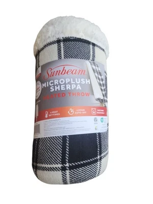 Sunbeam Microplush Sherpa Heated Throw Blk/White BUFFALO PLAID 50" x 60" Softest - Image 1 of 2
