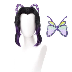 SL Kochou Shinobu Cosplay Perücke + Schmetterling Haarspange für DS, lang schwarz lila... - Bild 1 von 7