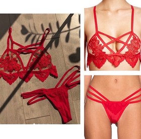 SET For Love and Lemons Skivvies Ruby Lace Appliqu&eacute; Lingerie Strappy Bralette 