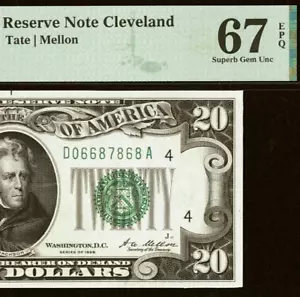 Banconota 20 dollari della Federal Reserve 1928 - PMG 67EPQ - Cleveland - Fr 2050-D - Foto 1 di 3
