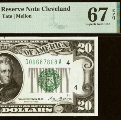 1928 $20 Federal Reserve Note - PMG 67EPQ - Cleveland - Fr 2050-D - Image 1 of 3