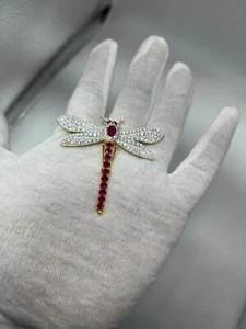 Lab Created Ruby 3Ct Oval Cut Dragonfly Charm Brooch Pin 14K Yellow Gold Plated - Picture 1 of 4