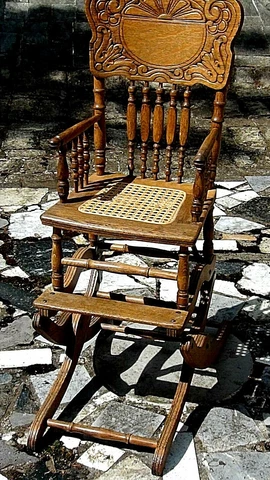 WAKEFIELD ANTIQUE OAK WOOD CHILDS FOLDING,ROCKING HIGH ARMCHAIR PRESSED BACK Cover