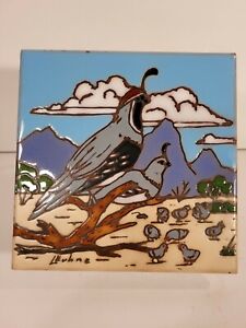 Vintage Earthtones 6” Desert Quail 1990 Ceramic Trivet Art Tile Signed L Kuhne 