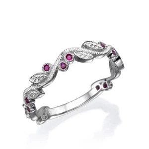 0.5ct Lab-Created Ruby Wedding Band Leaf Petals Minimalist White Gold Plated - Picture 1 of 4