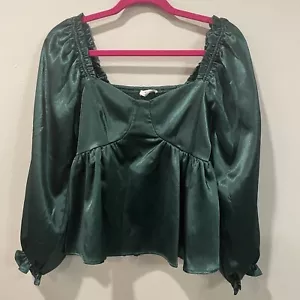 ENTRO Emerald Green Satin Babydoll Top Blouse Smocked Back Sz Small - Picture 1 of 5