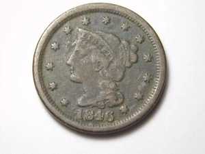 VINTAGE US COINS 1846 BRAIDED HAIR ERROR REPUNCHED DATE LARGE CENT COIN - Imagen 1 de 6