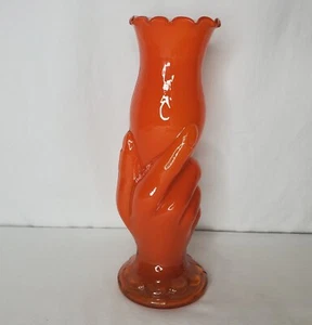 Vintage MCM Glass Hand Vase Orange Ruffled Top Figural - Bild 1 von 12