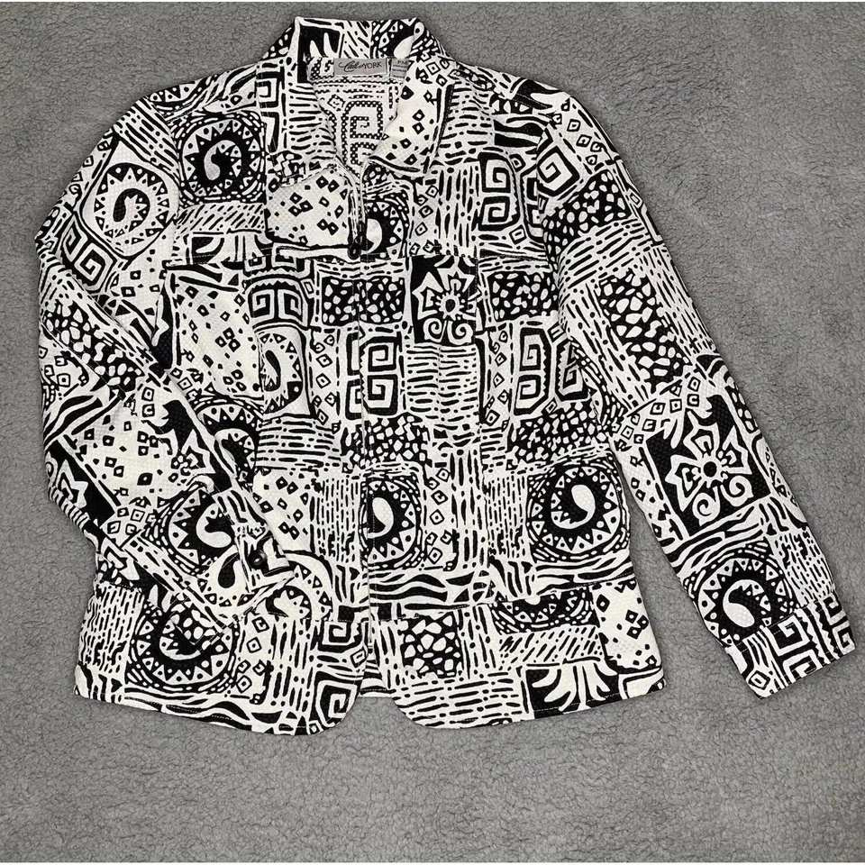 Chaqueta De Colección Cali & York PM Abstracta Artística Retro Años 90 Negra Blanca Cremallera Completa Cuello Foto 1 de 4