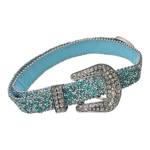 SHYANNE GIRLS Bling Glitz Rhinestone Chips Blue Leather 26" Bling Belt Buckle - Picture 1 of 13