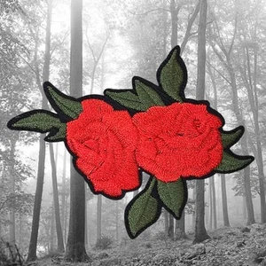 TWO BRIGHT RED ROSES FLOWER  WITH GREEN LEAVES FLORAL IRON ON PATCH JACKET JEANS - Picture 1 of 5