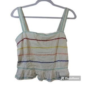 Forever 21 Rainbow White Ric-rac Trimmed Cotton Linen Ruffle Top Size L - Picture 1 of 9