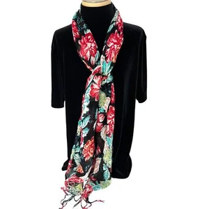 Dark Floral SCARF Crinkle Gauze Woven Rose Paisley Fringe Romantic Boho - Picture 1 of 4