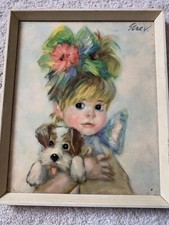 1960’s Picture Of Girl And Puppy Wooden Framed Vintage Retro