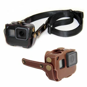 Leather Case Bag With Neck Strap/Chest Belt/Shoulder Strap for GoPro Hero 5/6 E - Picture 1 of 21