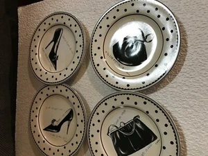 SAKURA STONEWARE Set Of four  "Mademoiselle" Black Shoe Design Plates 8.25" - Picture 1 of 2