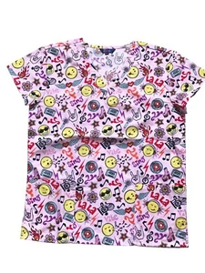 Womens Fashion Medical Nursing Scrub Tops Pink Base Emoji Face Sing 2XL - Picture 1 of 2
